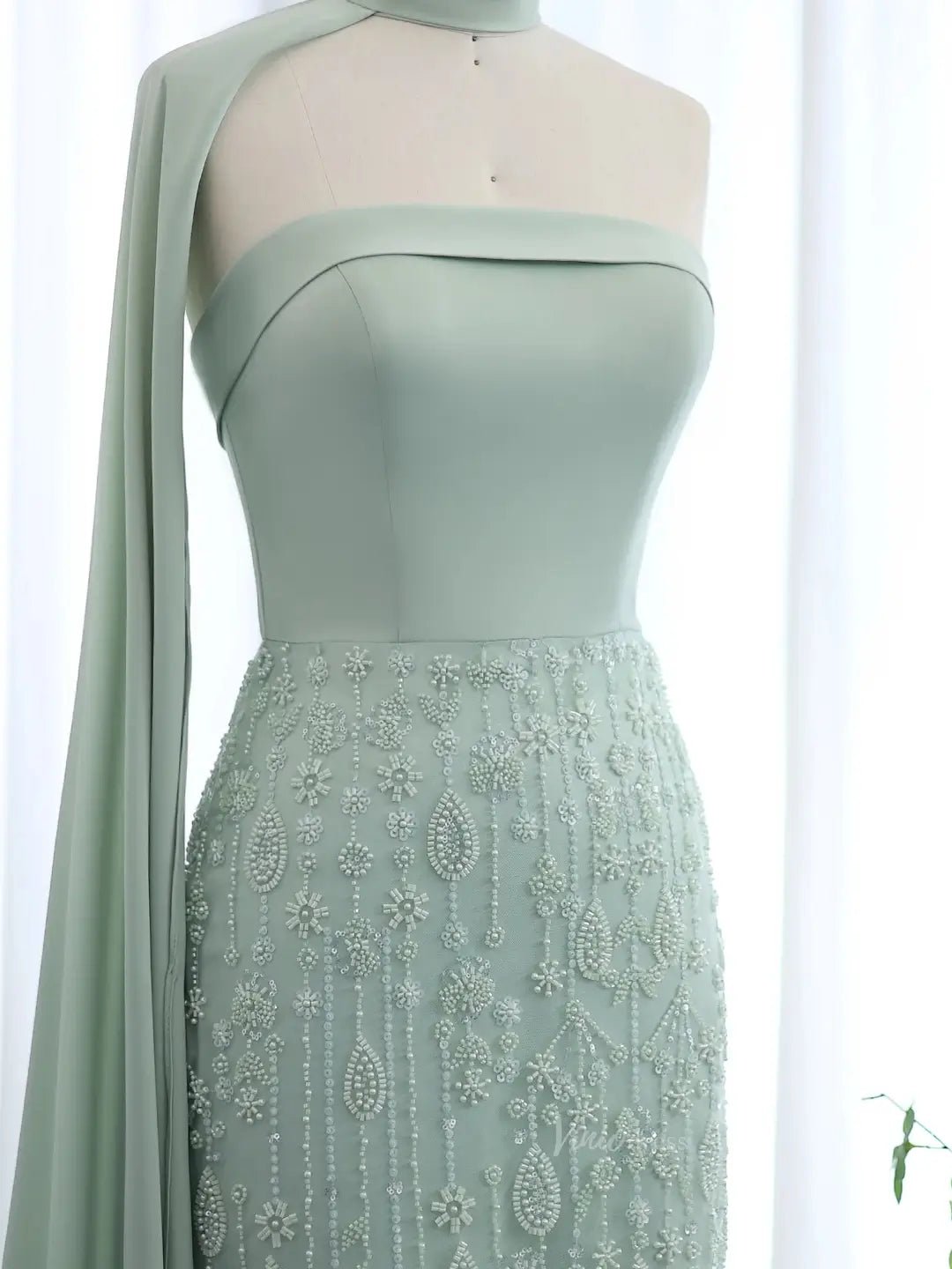 Elegant Light Green Prom Dresses Beaded Sheath Formal Dresses Watteau Train BD011-Evening Dresses 2025 -Viniodress-Light Green-US 2-
