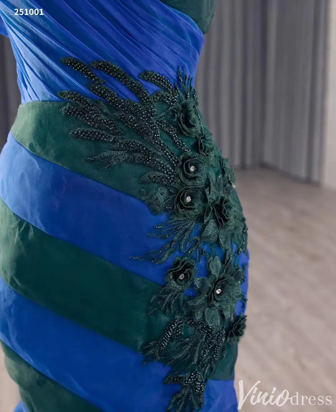 Elegant One-Shoulder Mermaid Evening Gown with Floral Beaded Appliqué and Stripes - Style 251001-Quinceanera Dresses 2025 -Viniodress-Blue-Custom Size-