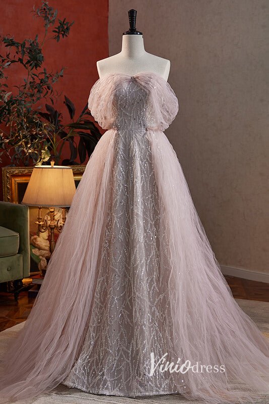 Elegant Pink Beaded Prom Dresses with Pleated Overskirt AD1010 Viniodress Elegant Pink Beaded Prom Dresses with Pleated Overskirt AD1010 Viniodress