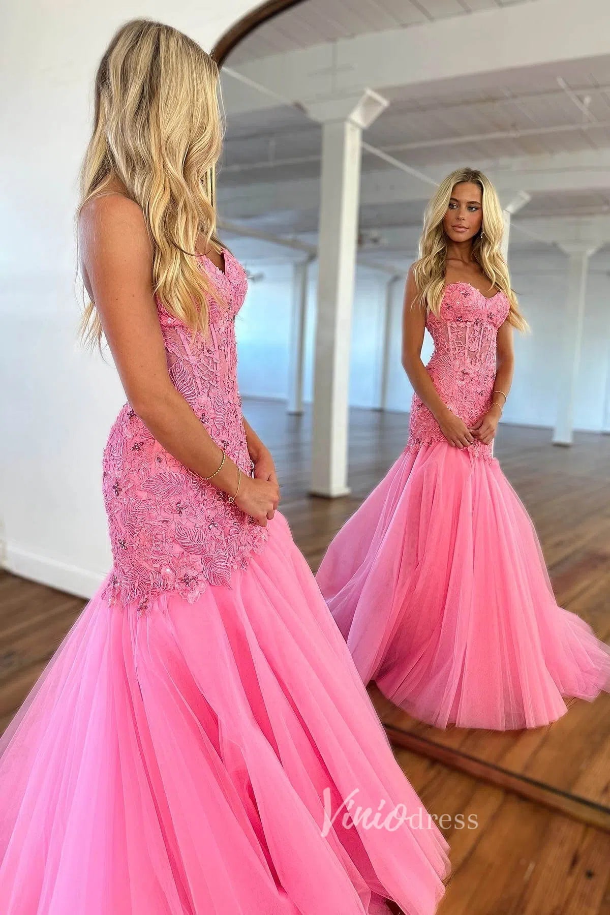 Elegant Pink Mermaid Prom Dress with Lace Applique Bodice and Tulle Bottom FD3501-prom dresses 2025 -Viniodress-Hot Pink-Custom Size-