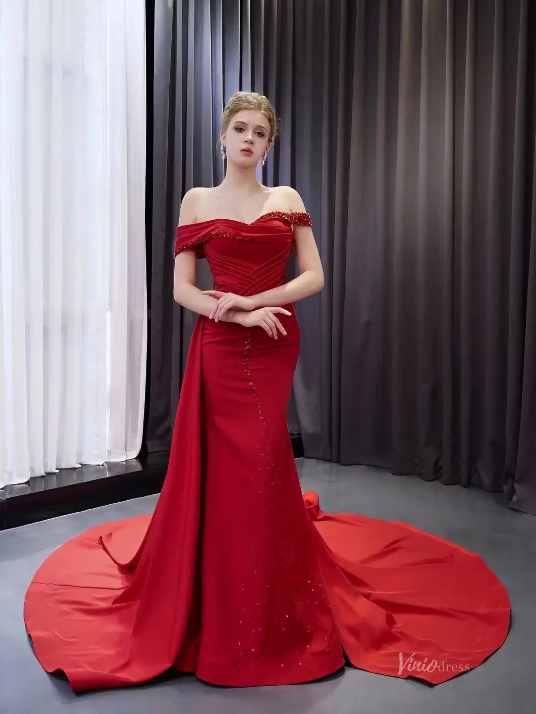 Elegant Red Mermaid Formal Dress with Overskirt, Off-the-Shoulder Neck –  Viniodress