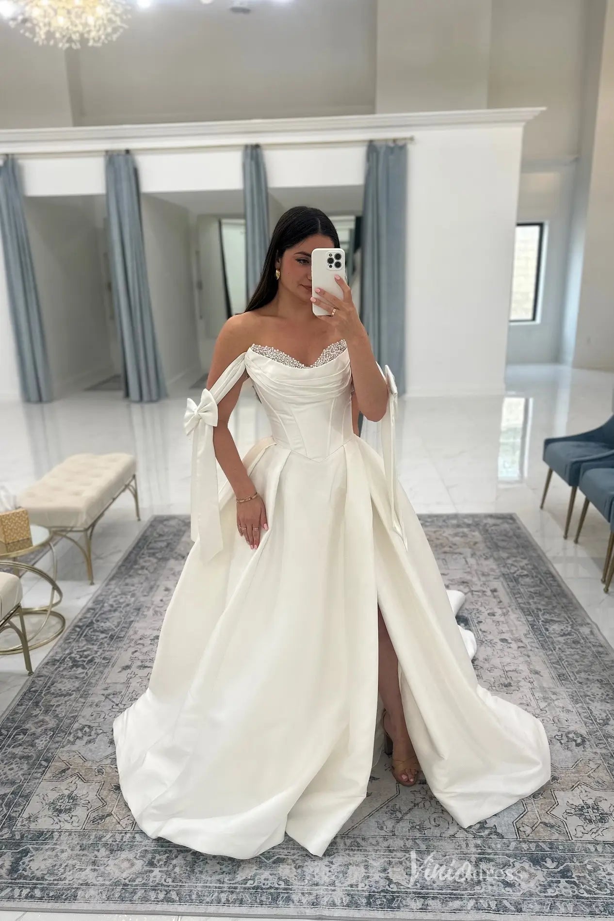 Elegant Satin Ball Gown Wedding Dress with Beaded Sweetheart Corset, Off-Shoulder Bow Sleeves & High Slit Skirt – MS137