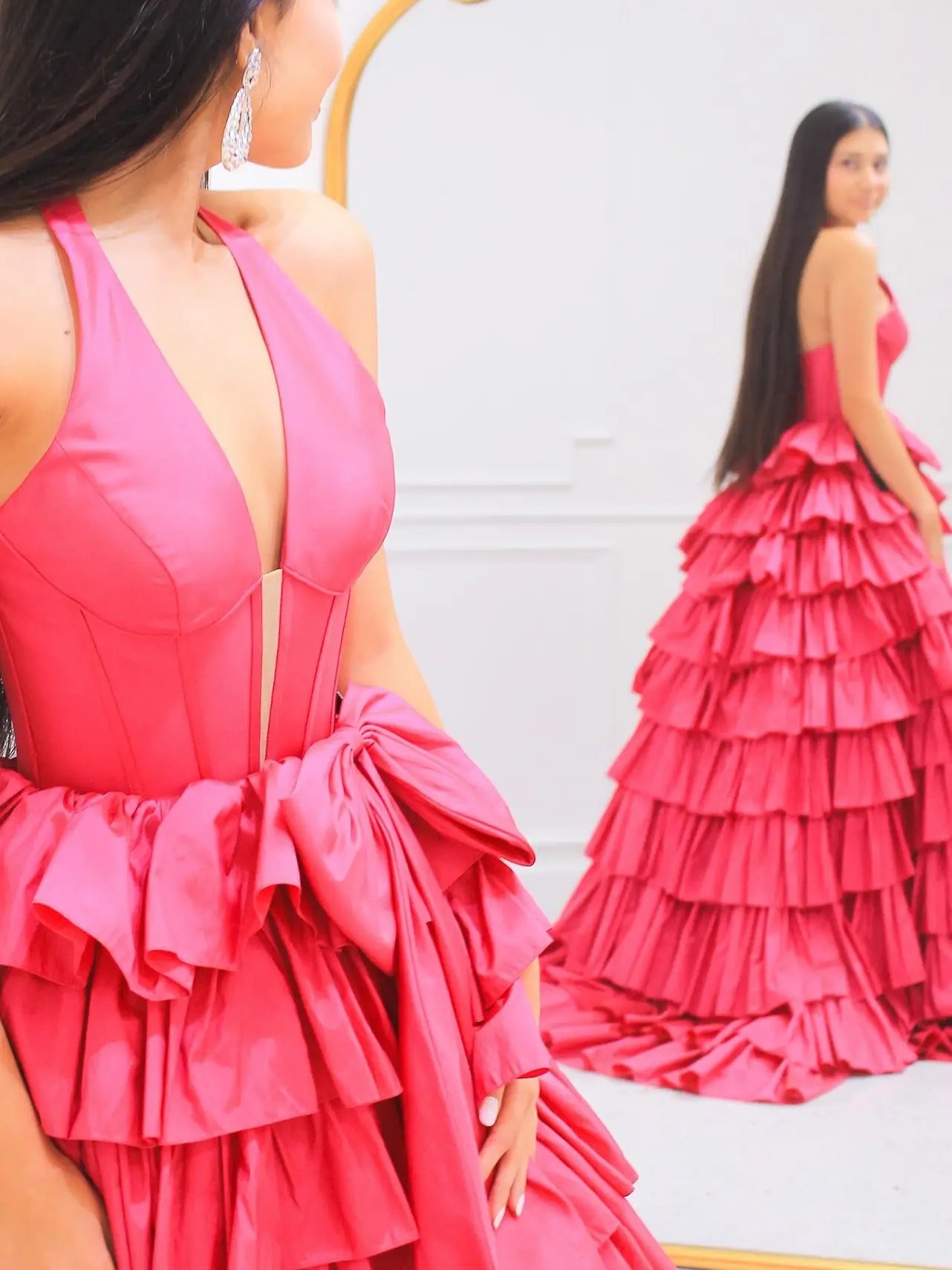 Elegant Satin Ruffled Prom Dresses with Slit, Halter Neck & Bow - FD3740-prom dresses 2025 -Viniodress-Light Blue-Custom Size-