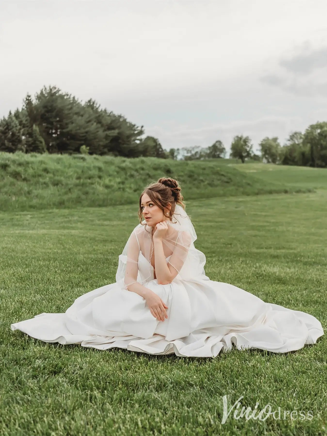 Elegant Satin Wedding Dress with Spaghetti Straps, Plunging Neckline, Bow Back and Chapel Train – MS117-wedding dresses 2025 -Viniodress-Ivory-Custom Size-