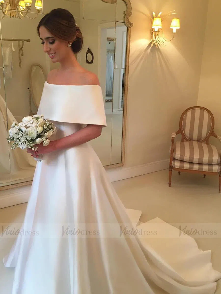 Elegant Simple Modest Wedding Dresses Off the Shoulder Bridal Gown VW1333-wedding dresses 2025 -Viniodress-Ivory-Custom Size-