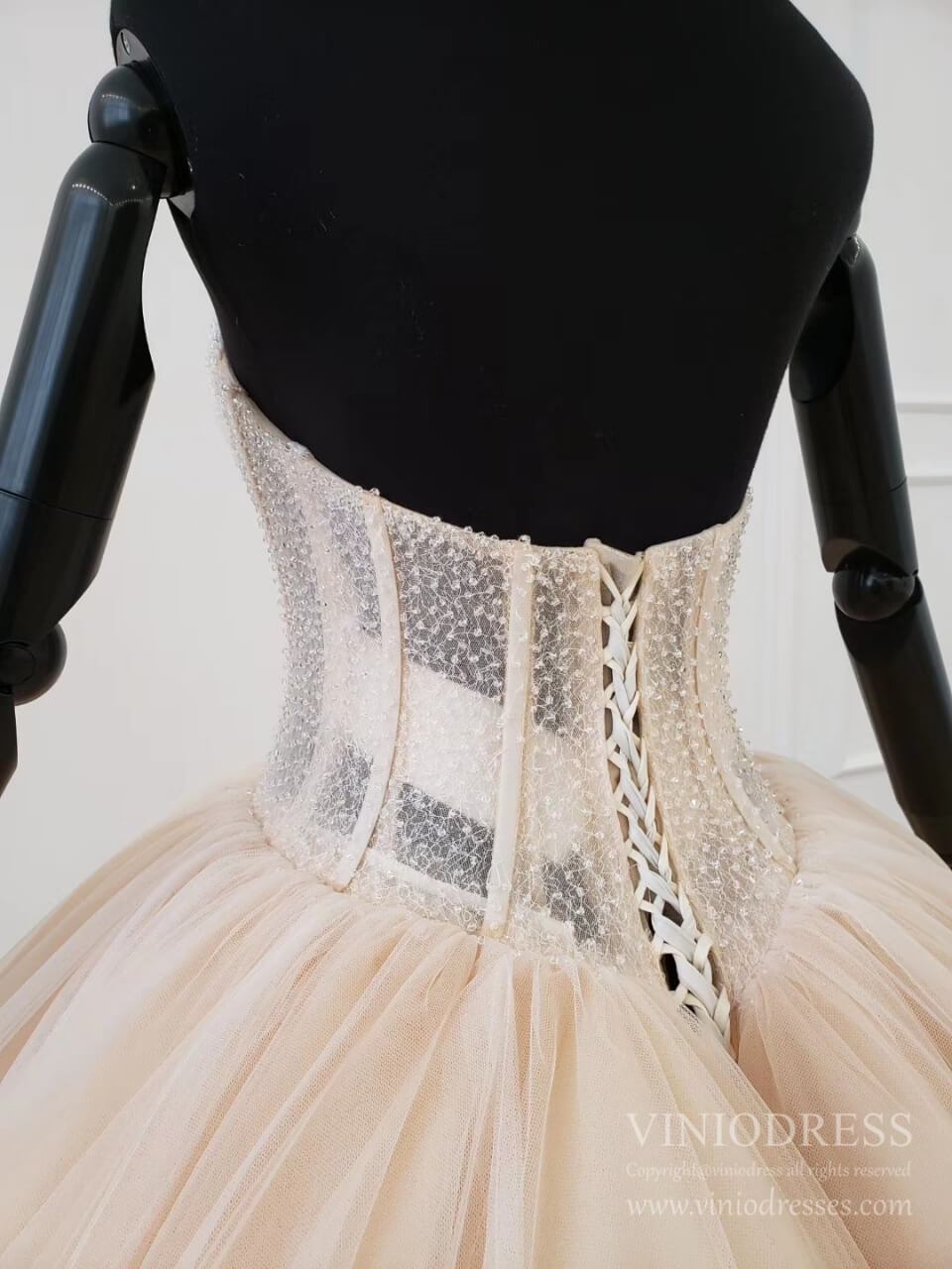 Elegant Strapless Champagne Tulle Wedding Dresses Ball Gown VW1592-wedding dresses 2025 -Viniodress-Champagne-Custom Size-