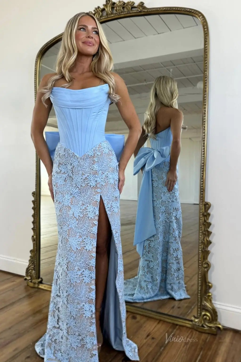 Strapless Lace Mermaid Prom Dress with Oversized Bow & Slit LP047 Viniodress Strapless Lace Mermaid Prom Dress with Oversized Bow & Slit LP047 Viniodress