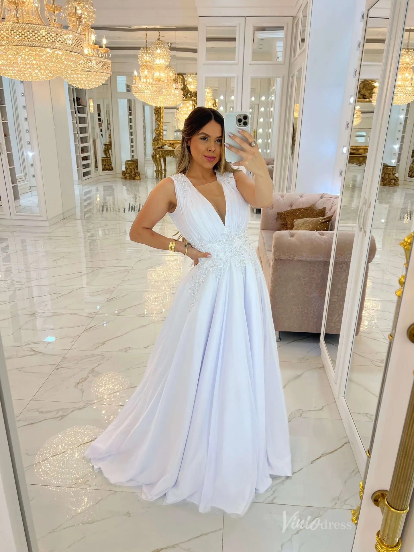 Elegant White Crepe Deep V-Neck Wedding Dress with Beaded Bodice & Lace-Up Back – MS124-wedding dresses 2025 -Viniodress-Ivory-Custom Size-