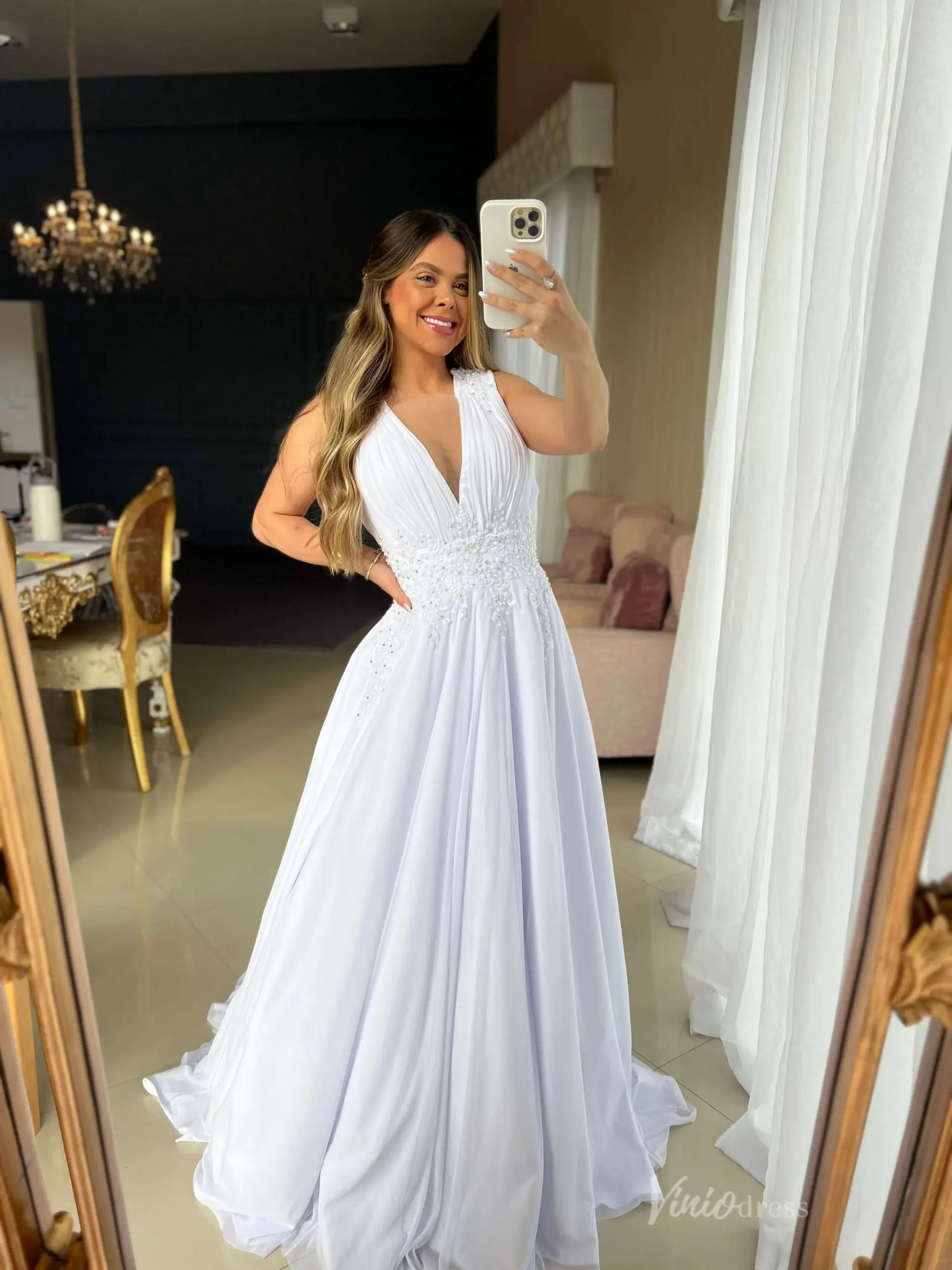 Elegant White Crepe V-Neck A-Line Wedding Dress with Beaded Bodice MS124 Viniodress Elegant White Crepe V-Neck A-Line Wedding Dress with Beaded Bodice MS124 Viniodress