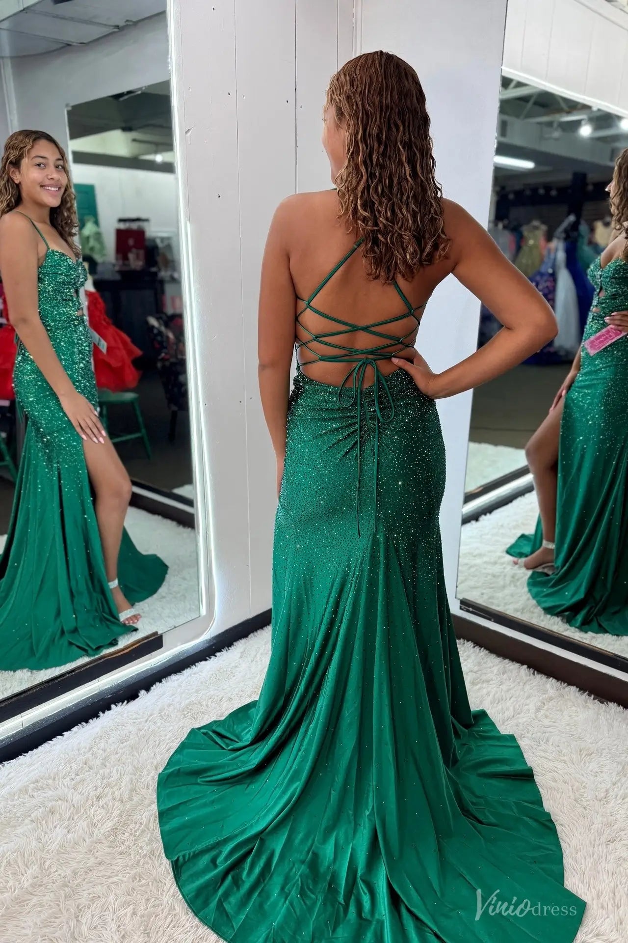 Emerald Green Rhinestone Mermaid Prom Dress with High Slit – SS300 –  Viniodress