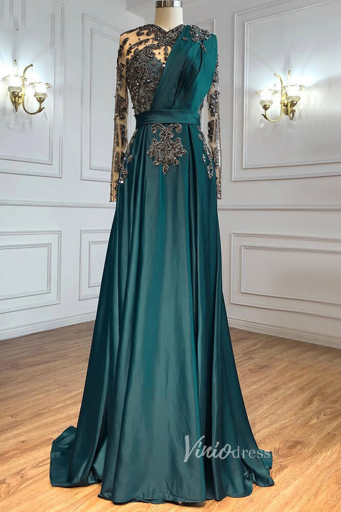 Emerald Green Satin Beaded Evening Dresses Long Sleeve Prom Dress FD30 Viniodress Emerald Green Satin Beaded Evening Dresses Long Sleeve Prom Dress FD30 Viniodress