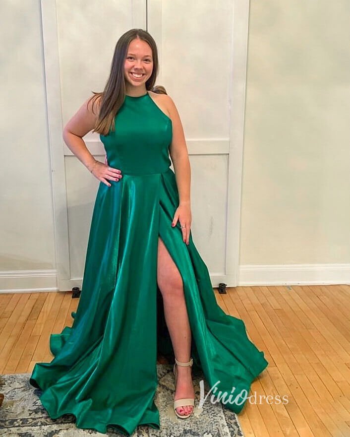Emerald Green Satin Prom Dresses with Slit Halter Neck Evening Dress F Viniodress Emerald Green Satin Prom Dresses with Slit Halter Neck Evening Dress F Viniodress