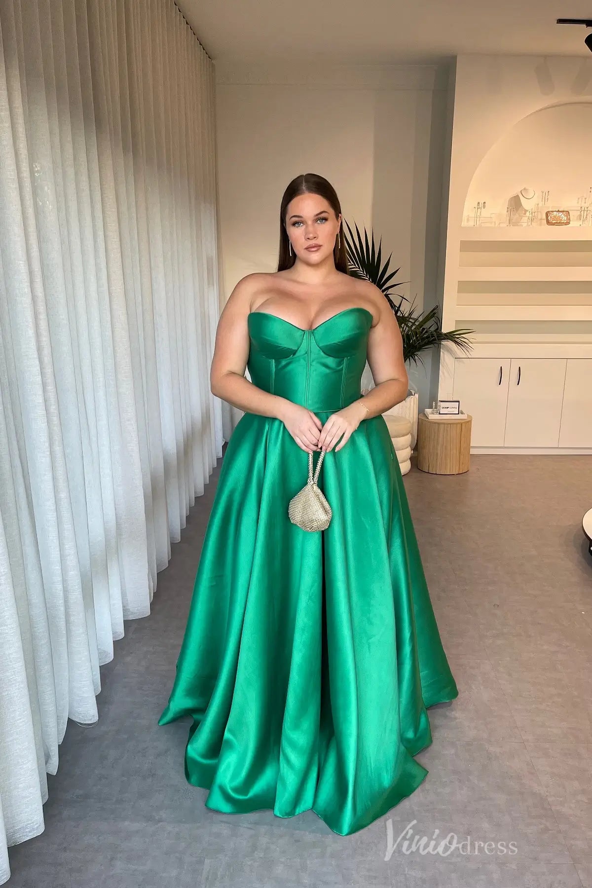 Emerald Green Strapless Satin Prom Dress with Corset Bodice and A-Line Skirt – AS039-prom dresses 2025 -Viniodress-Green-Custom Size-