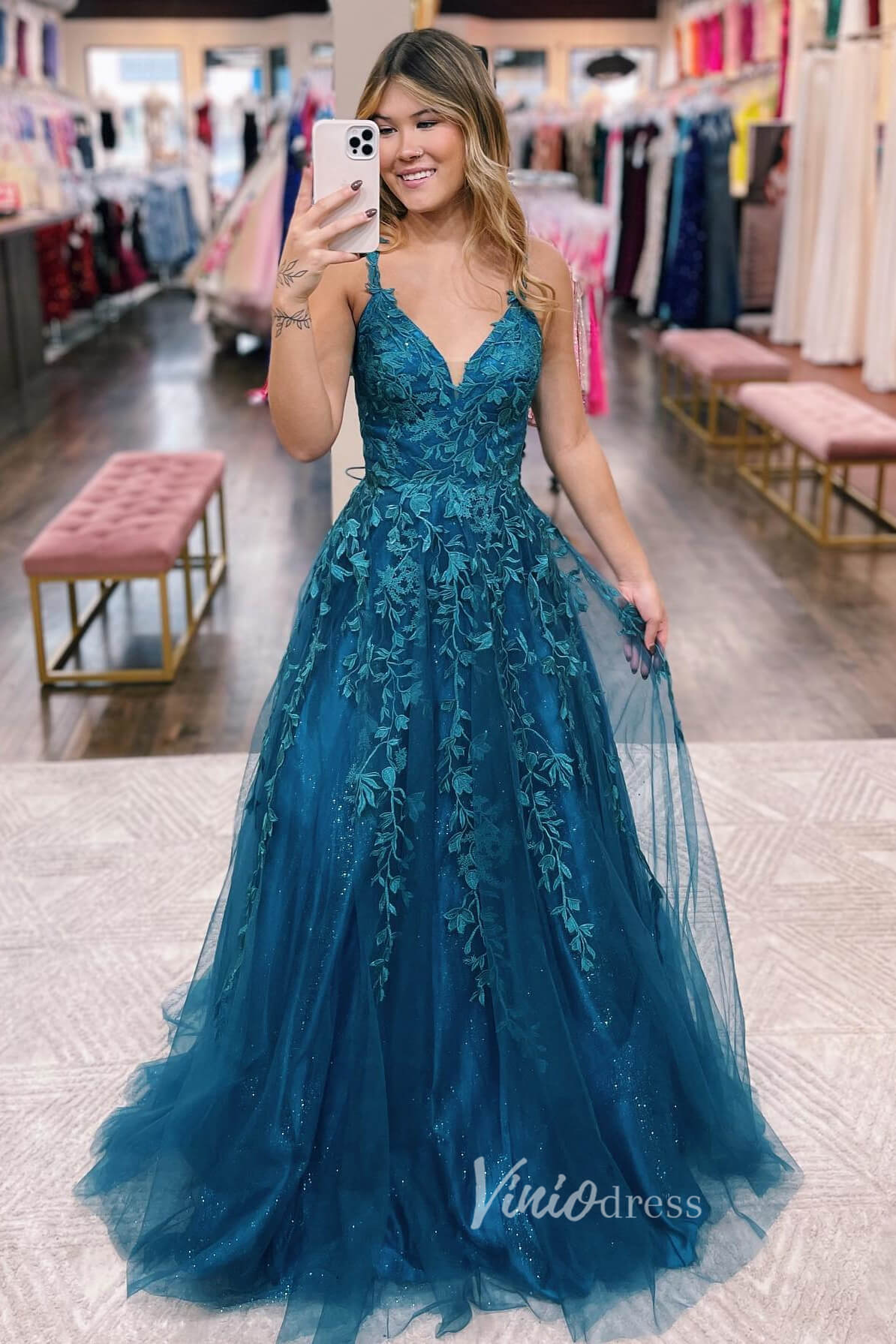 Enchanting Blue Sparkly Tulle Prom Dress with Lace Applique and Spaghe Viniodress Enchanting Blue Sparkly Tulle Prom Dress with Lace Applique and Spaghe Viniodress