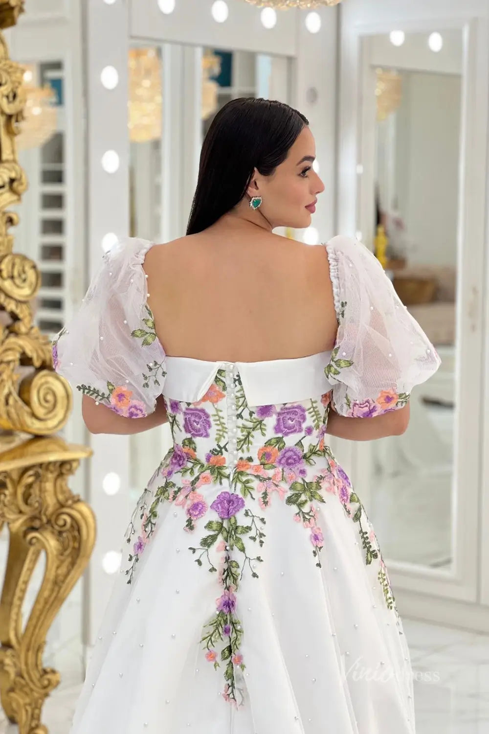 Enchanting Floral Embroidered A-Line Wedding Dress with Pearl-Beaded Skirt & Removable Puff Sleeves – FW250-wedding dresses 2025 -Viniodress-Ivory-Custom Size-