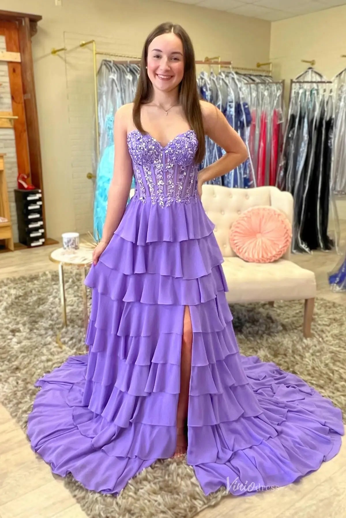 open lace back dress Lydia A line Butterfly Lace Tulle Lilac Corset Prom Dress with Slit main image 0