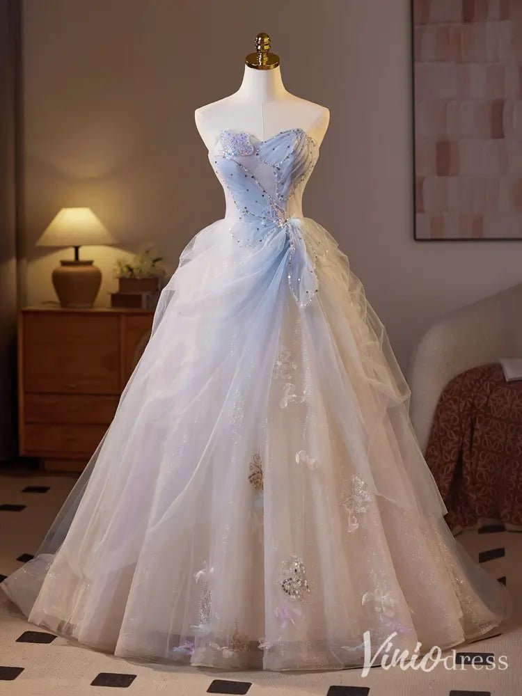 Ethereal Blue Cinderella Ball Gown Strapless Sequin Tulle Prom Dress Viniodress Ethereal Blue Cinderella Ball Gown Strapless Sequin Tulle Prom Dress Viniodress