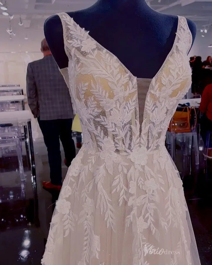 Ethereal Blush Floral Appliqué A-Line Wedding Dress with Deep V-Neck & Sheer Chapel Train – LA143-wedding dresses 2025 -Viniodress-Blush-Custom Size-