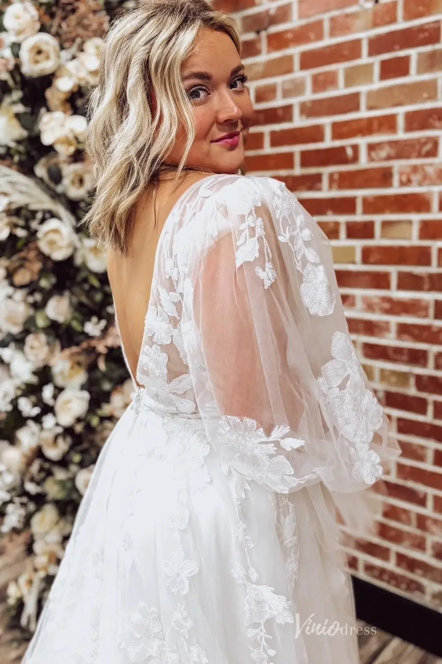Ethereal Ivory 3D Floral Lace A-Line Wedding Dress with Deep V-Neck, Puff Sleeves & Chapel Train – LA158-wedding dresses 2026-Viniodress-Ivory-Custom Size-