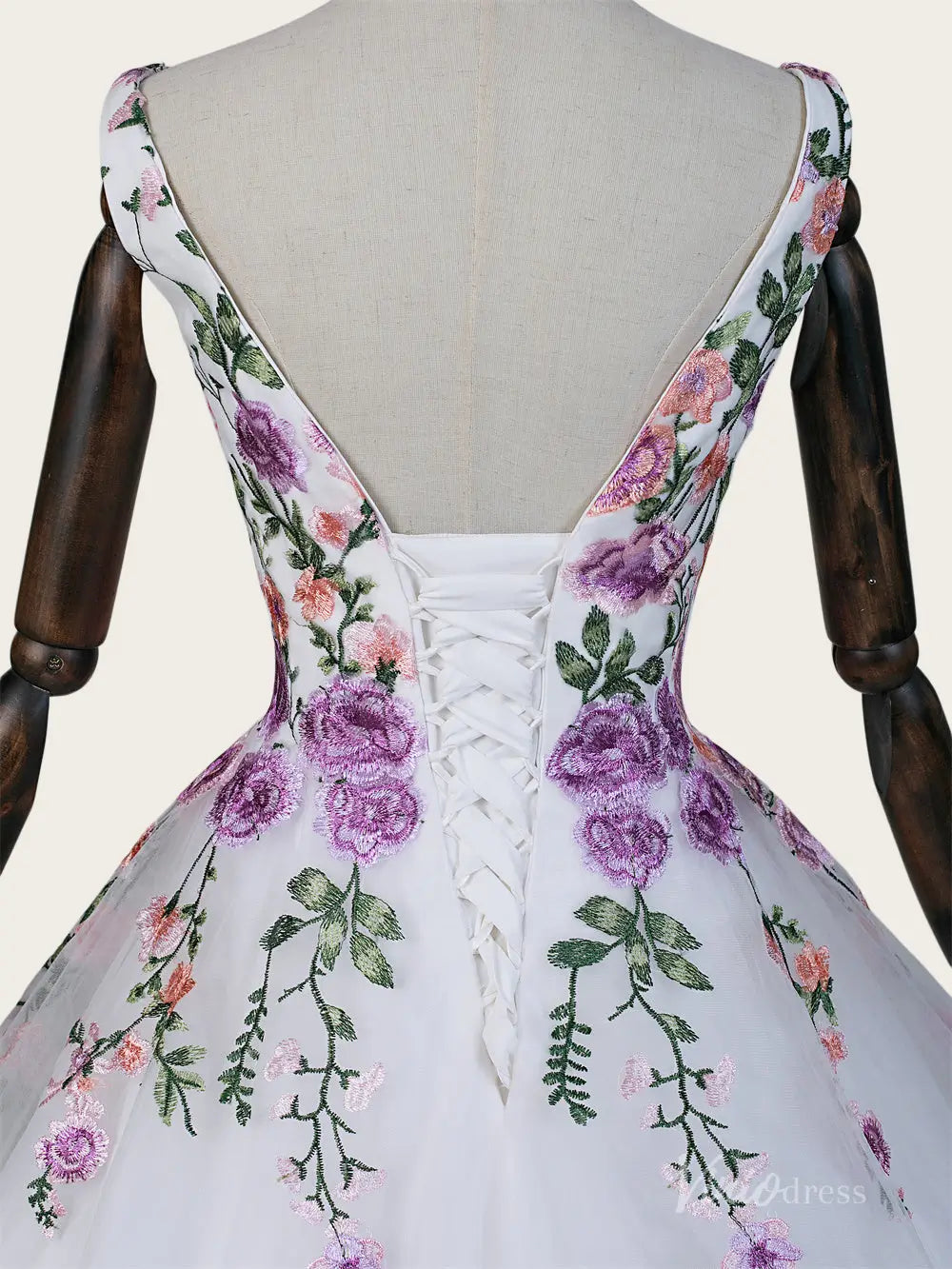 Ethereal Ivory Floral Bridal Gown with Deep V Neck, Lace-Up Back & Chapel Train - FW289-wedding dresses 2026-Viniodress-Ivory-Custom Size – Add Measurements in Cart-