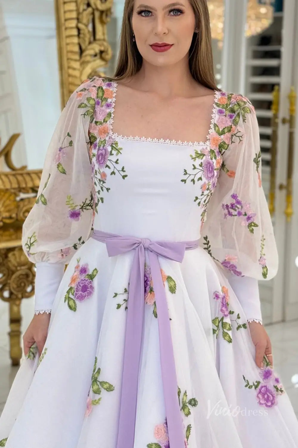 Ethereal Lavender Floral Embroidered Tea-Length Wedding Dress with Square Neckline, Puff Sleeves & Bow Waist – FW247-wedding dresses 2025 -Viniodress-Lavender-Custom Size-
