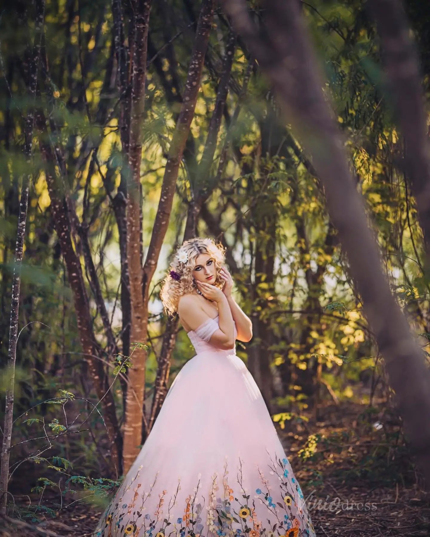Ethereal Pink Floral Wedding Photography Dress | Off-the-Shoulder Tulle Gown with Corset Back FW134-wedding dresses 2025 -Viniodress-Blush-Custom Size-