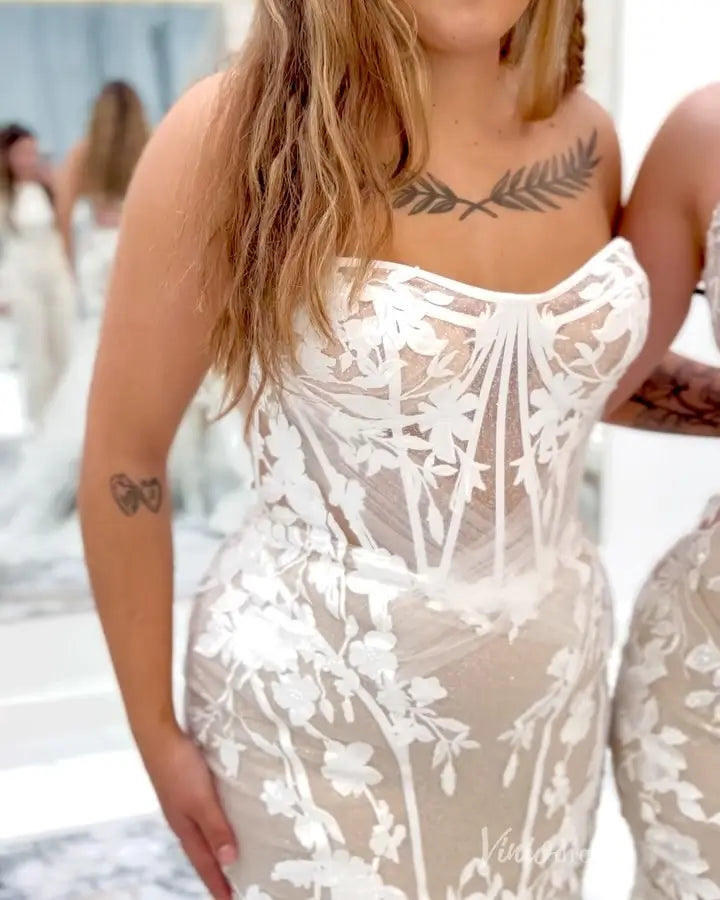 Ethereal Strapless 3D Floral Lace Mermaid Wedding Dress with Sweetheart Neckline & Sheer Corset Bodice – ML179-wedding dresses 2026-Viniodress-Ivory-Custom Size-