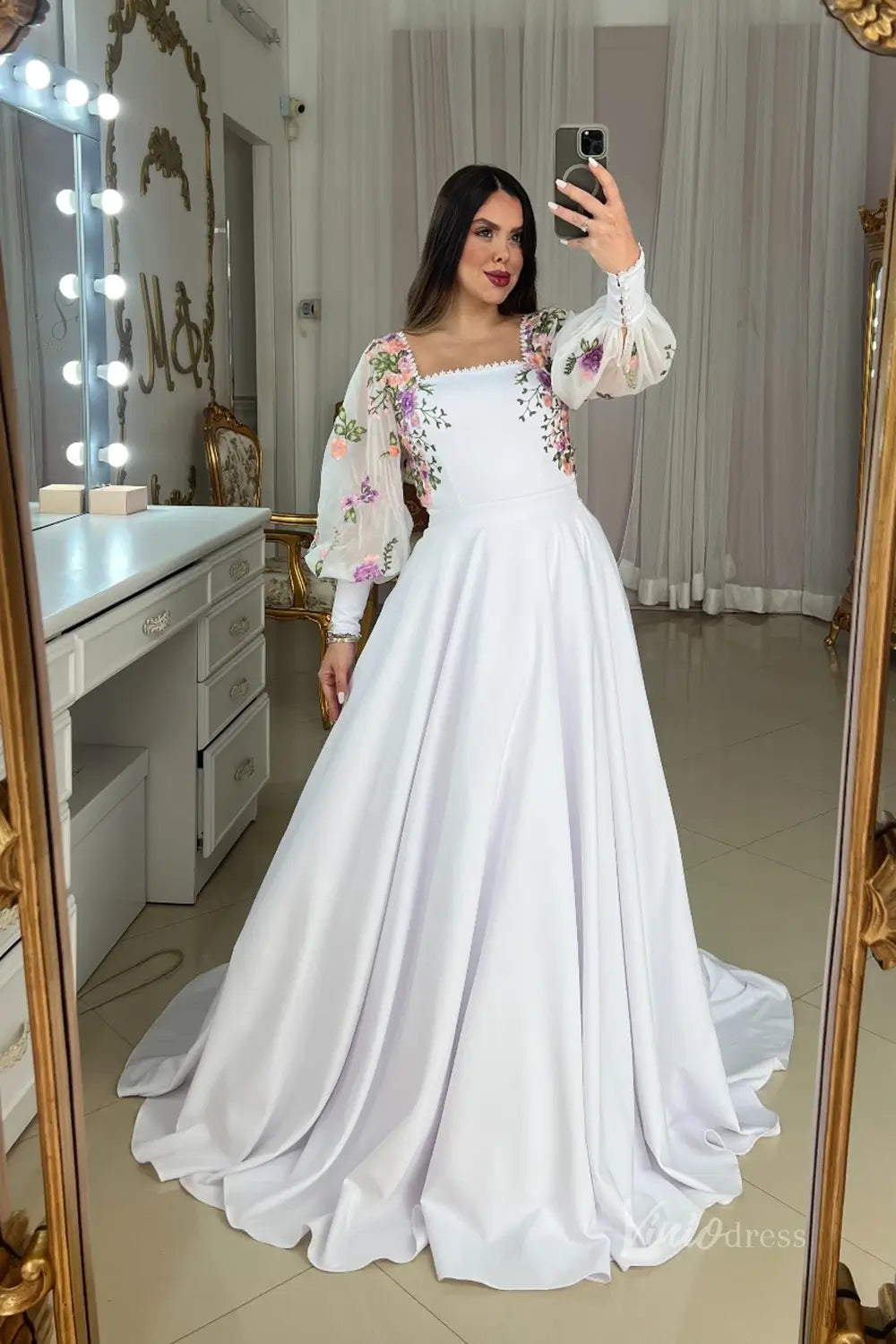 Ethereal White Floral Embroidered Wedding Dress with Square Neckline & Sheer Bishop Sleeves – FW242-wedding dresses 2025 -Viniodress-White-Custom Size-