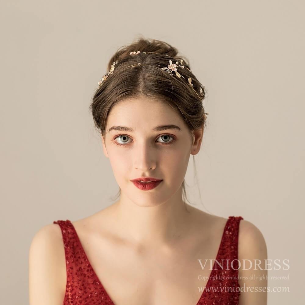 Extra Long Rose Gold Floral Hair Vines Bridal Headband AC1219-Headpieces 2025 -Viniodress-As Picture-