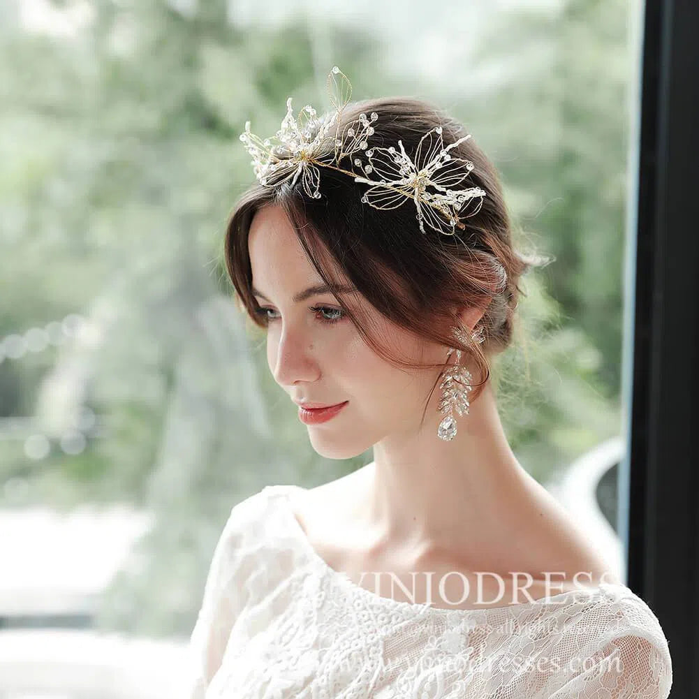 Fairy Gold Bridal Headband with Crystals AC1078-Headpieces 2025 -Viniodress-Gold-