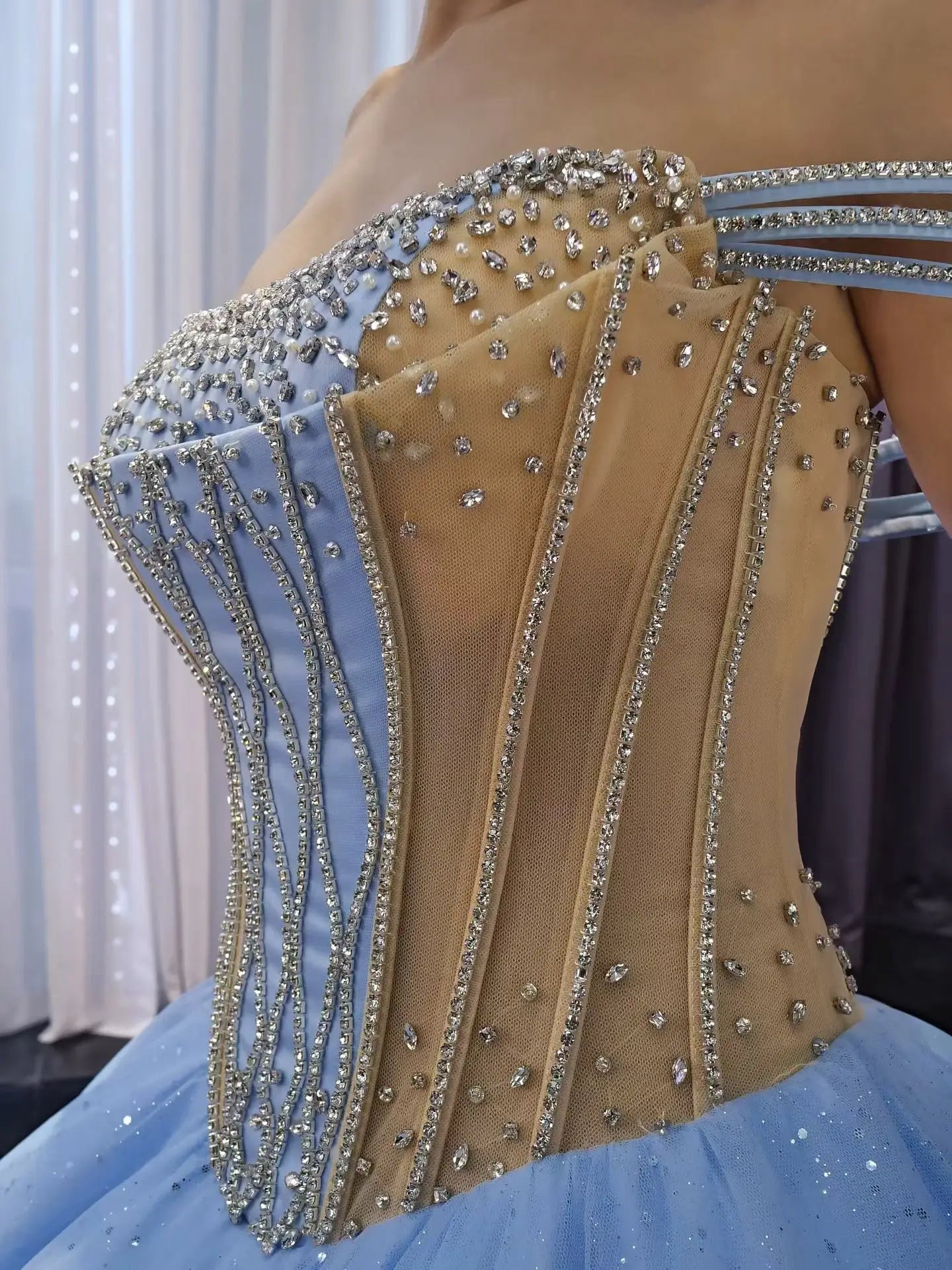 Fairy Sky Blue Ombre Ball Gown Quinceañera Dress | Off-the-Shoulder Basque Waist Corset Gown 251103-Quinceanera Dresses 2026-Viniodress-Light Blue-Custom Size-