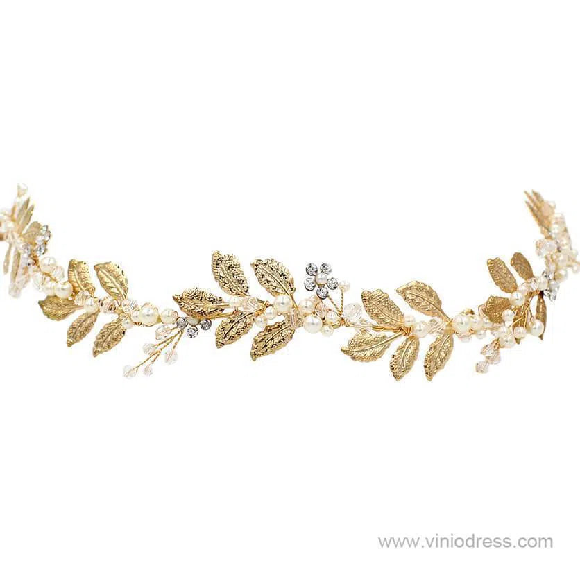 Filigree Laurel Leaf Halo Headband with Tieback Viniodress ACC1095-Headpieces 2025 -Viniodress-Gold-