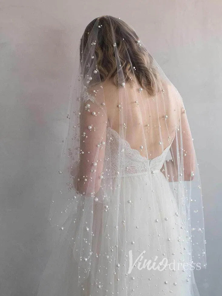 Fingertip Length Blusher Veils With Pearls Ivory Drop Veil AC1007-Bridal Veil 2025 -Viniodress-Ivory-