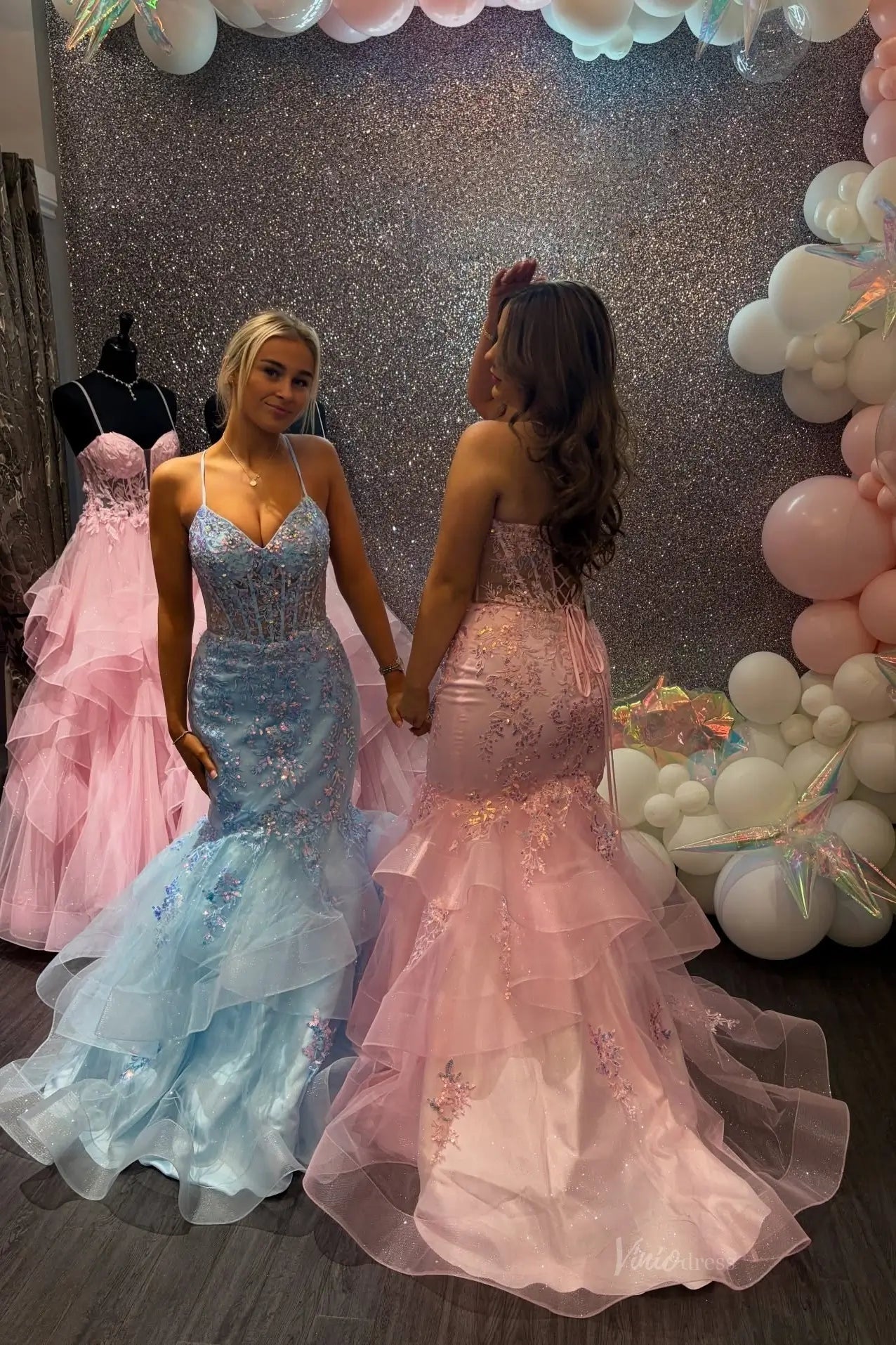 Floral Appliqué Mermaid Prom Dress, Ruffle Tulle & Spaghetti Strap – LY027  – Viniodress