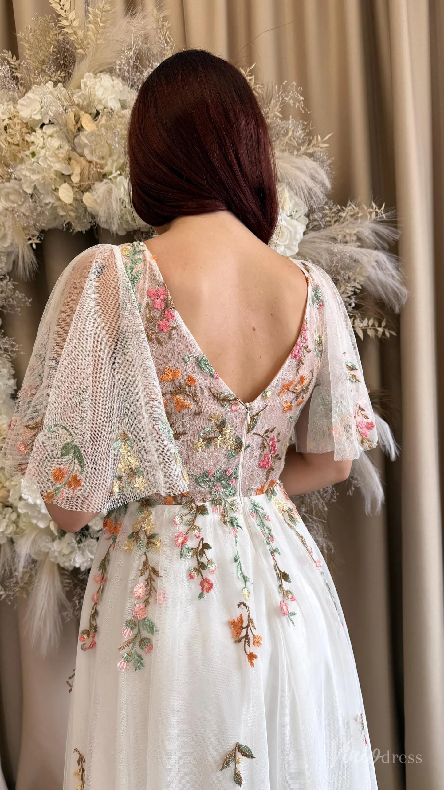 Floral Botanical Elopement Wedding Dresses Whimsical Angel Sleeve Bridal Gown FW212-wedding dresses 2025 -Viniodress-Ivory-Custom Size-