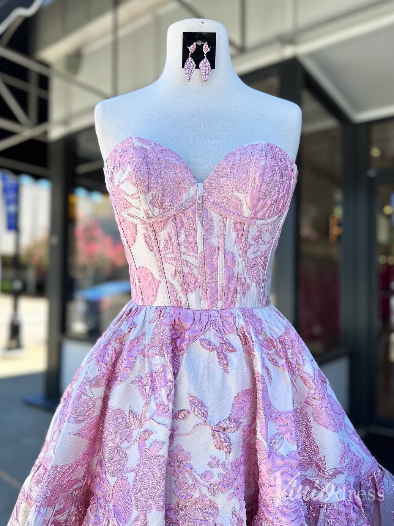 Floral Brocade Strapless Corset Homecoming Dress with Ruffle Hem – Style SD1708-prom dresses 2025 -Viniodress-Pink-Custom Size-