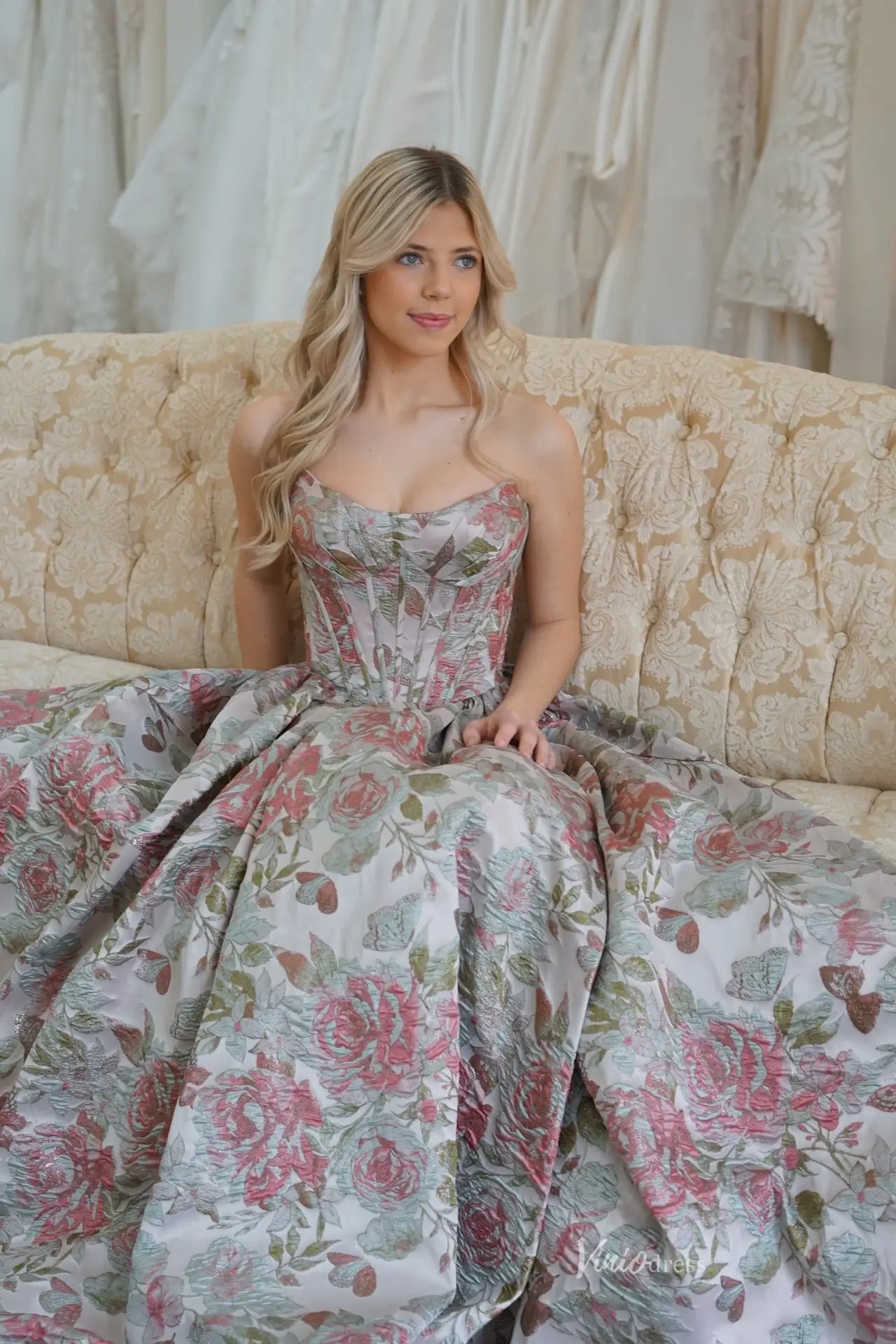 Floral Jacquard Corset Prom Dresses Strapless with Slit Formal Evening Viniodress Floral Jacquard Corset Prom Dresses Strapless with Slit Formal Evening Viniodress