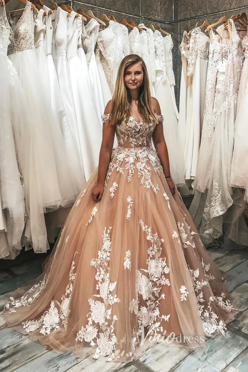 off the shoulder tulle ball gown wedding dress Floral Lace Appliqued Nude Ball Gown Wedding Dresses Off Shoulder VW21 –  Viniodress