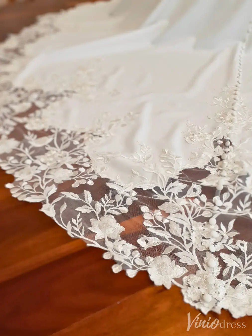 Floral Lace Crepe Mermaid Wedding Dress with Sheer Back and Embroidered Train – VW2541-wedding dresses 2025 -Viniodress-Ivory-Custom Size-