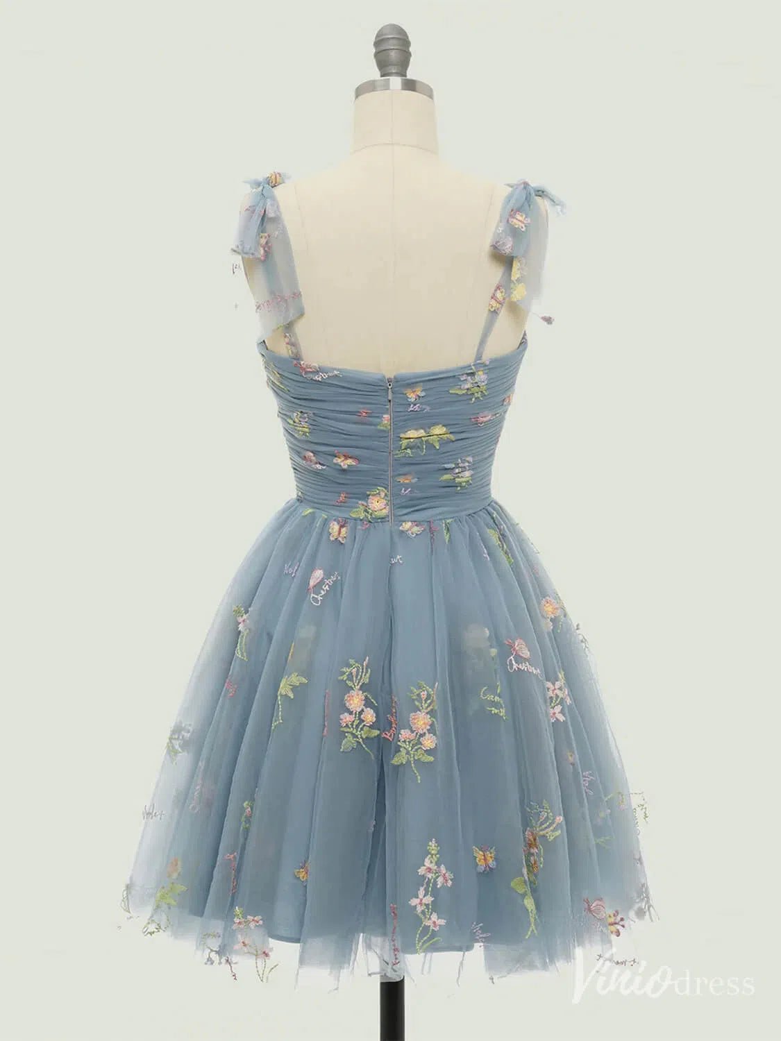 Floral Lace Homecoming Dresses Bow-Tie Spaghetti Strap Short Prom Dress FD4080S-prom dresses 2025 -Viniodress-Green-Custom Size-