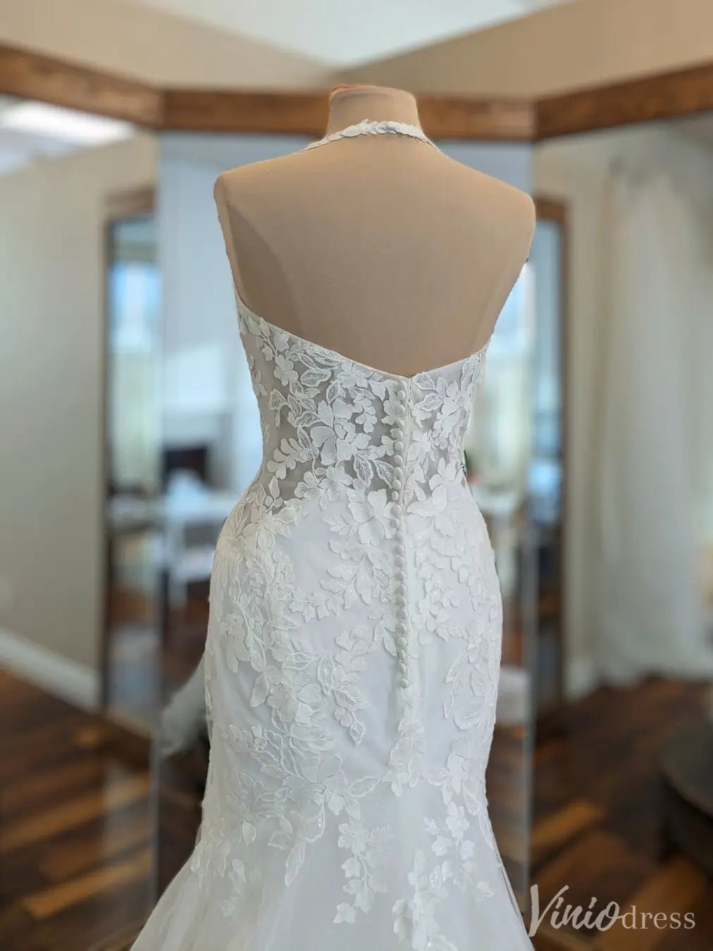 Floral Lace Mermaid Wedding Dress with Illusion Halter Neck & Tulle Train – VW2534-wedding dresses 2025 -Viniodress-White-Custom Size-