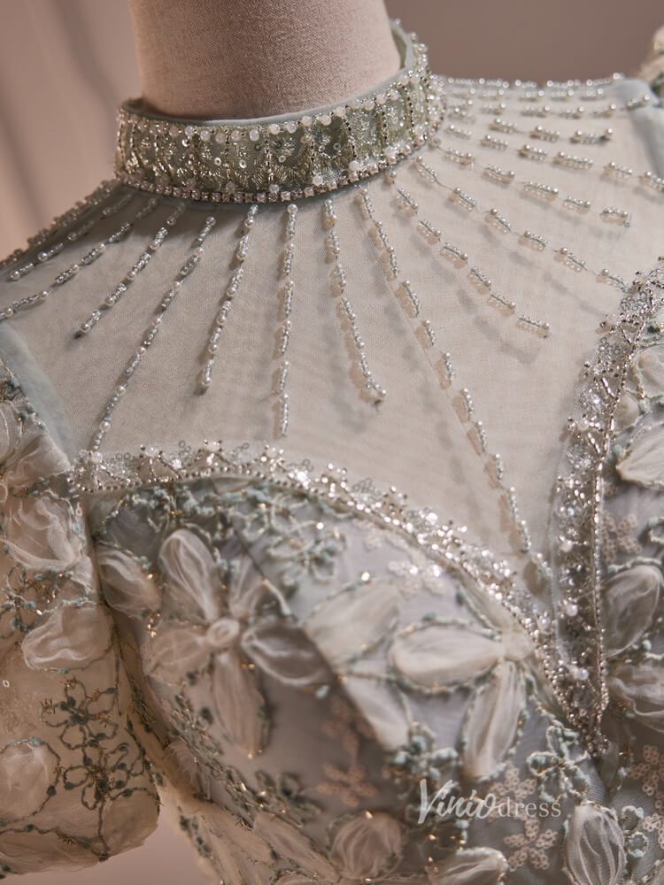 Floral Lace Prom Dresses 2024 Tea Length Puff Sleeve Cocktail Dress BJ005-prom dresses 2025 -Viniodress-Light Green-Custom Size-