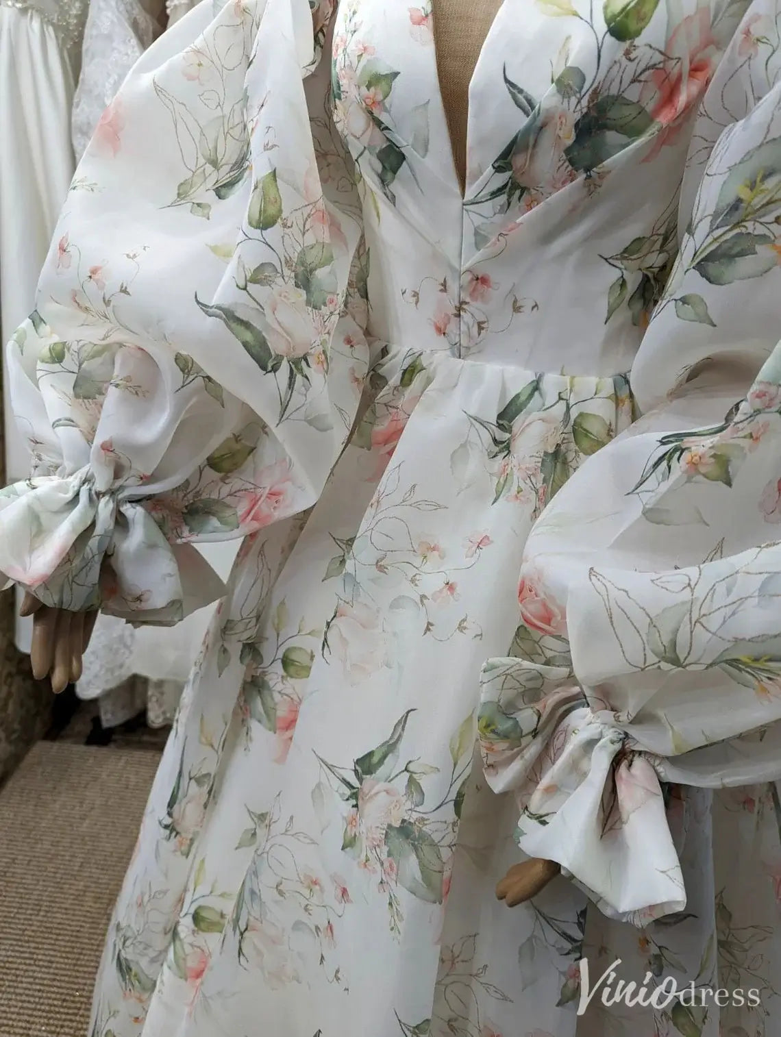 Floral Off Shoulder Wedding Dress with Puffy Sleeves, Sweetheart Neck, Corset Back – VW2580-wedding dresses 2025 -Viniodress-Ivory-Custom Size-