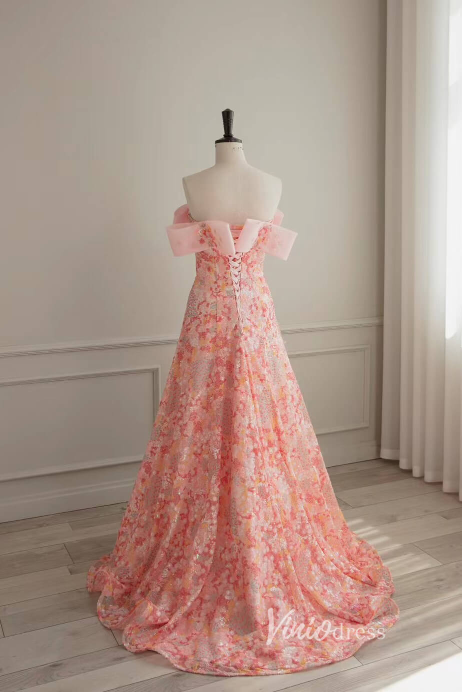 Floral Pink Wedding Dress Off the Shoulder Sparkly Sequin Prom Dresses 90001-prom dresses 2025 -Viniodress-Pink-Custom Size-