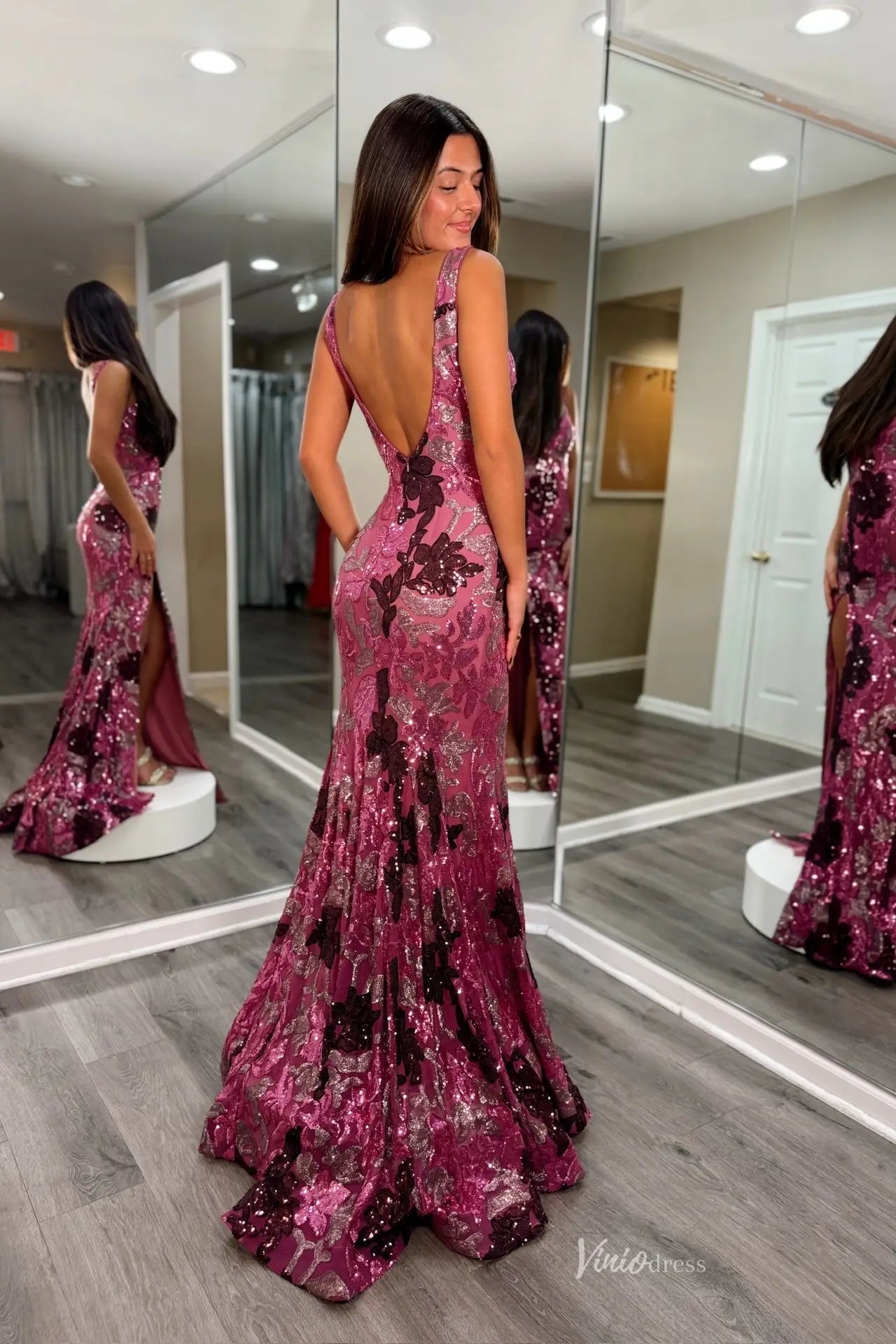Floral Sequin Mermaid Prom Dresses Burgundy Backless Evening Gowns LP0 –  Viniodress