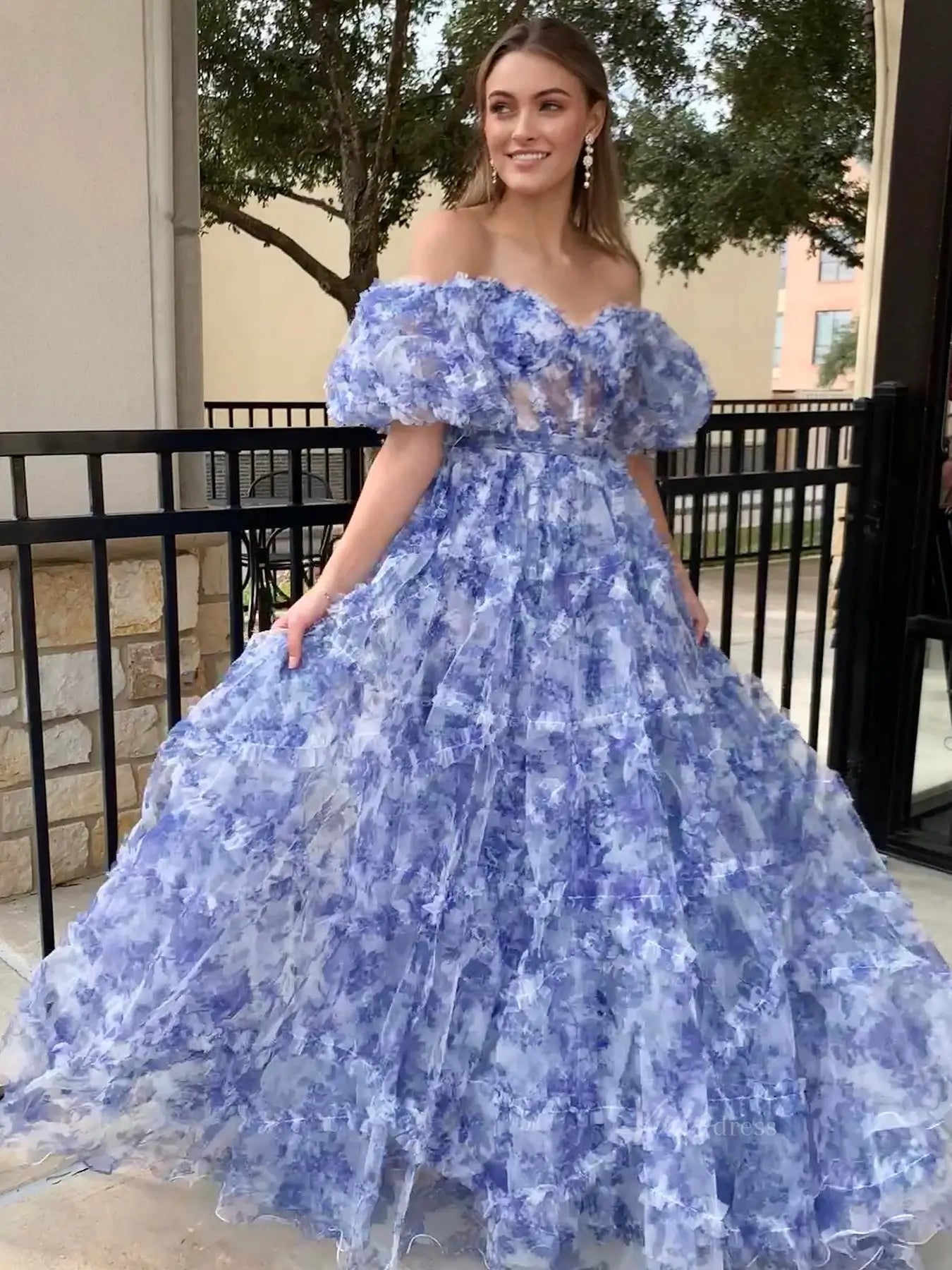 Floral Tulle Ruffled Prom Dresses 2025 Off the Shoulder Puffed Sleeve Formal Gown - FD5300-prom dresses 2025 -Viniodress-Ivory-Custom Size-