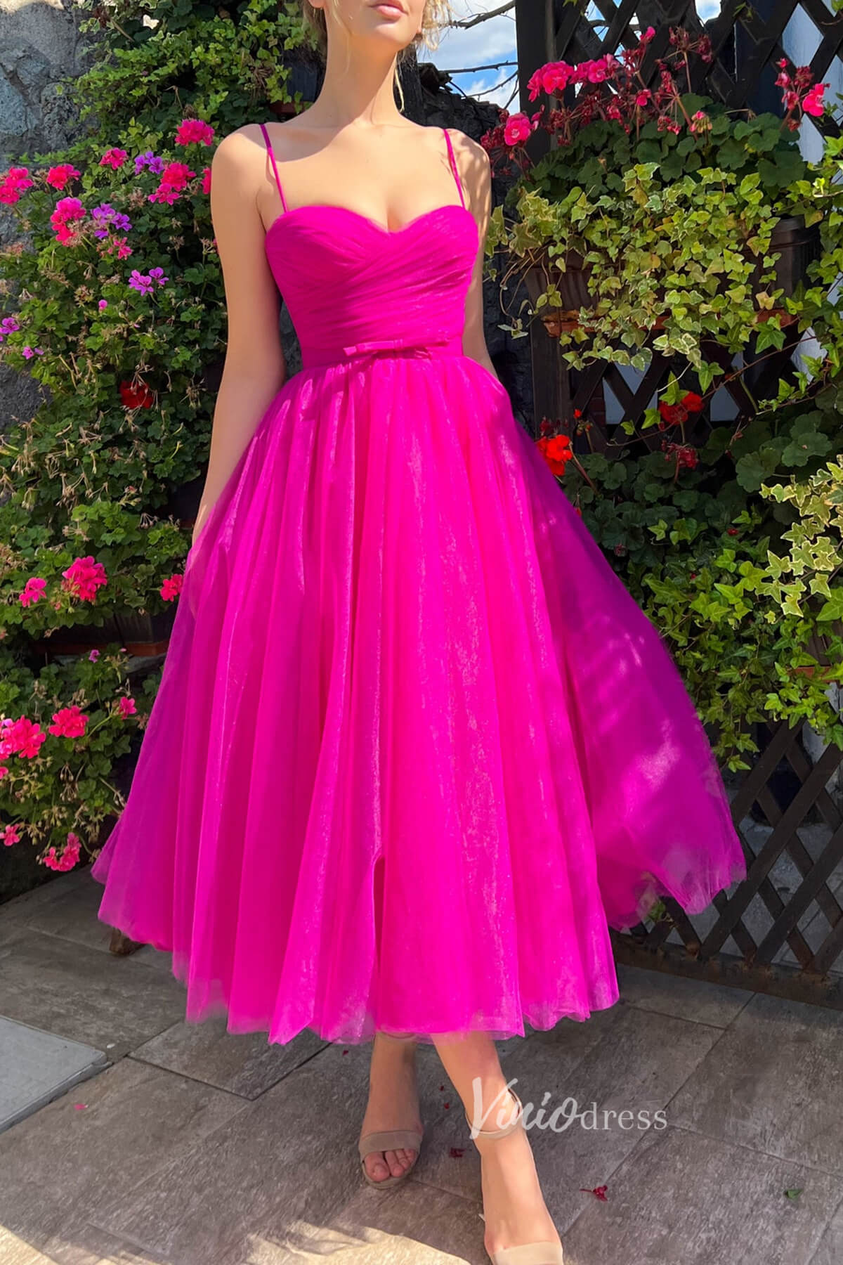 Fuchsia Midi Length Prom Dresses Tulle Spaghetti Strap Homecoming Dress FD2985-prom dresses 2025 -Viniodress-Fuchsia-Custom Size-