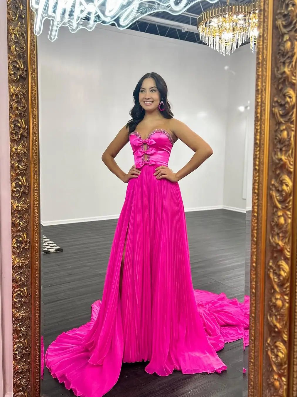 Fuchsia Pleated Chiffon Prom Dress with Slit, Beaded Sweetheart Neck & Bow – Style FD6063-prom dresses 2025 -Viniodress-Fuchsia-Custom Size-