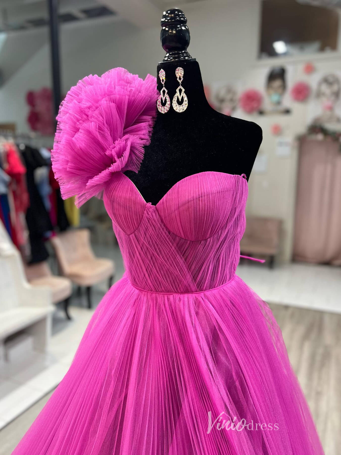 Fuchsia Ruffle One Shoulder Prom Dresses Pleated Tulle Evening Gown FD4030-prom dresses 2025 -Viniodress-Fuchsia-Custom Size-