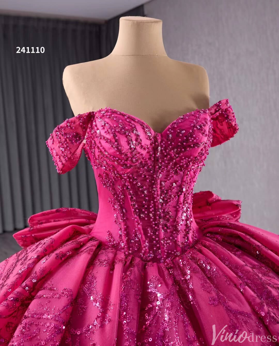 Fuchsia Sequin Lace Ball Gown Wedding Dresses Quinceanera Dress with Bow 241110-Quinceanera Dresses 2025 -Viniodress-Fuchsia-Custom Size-